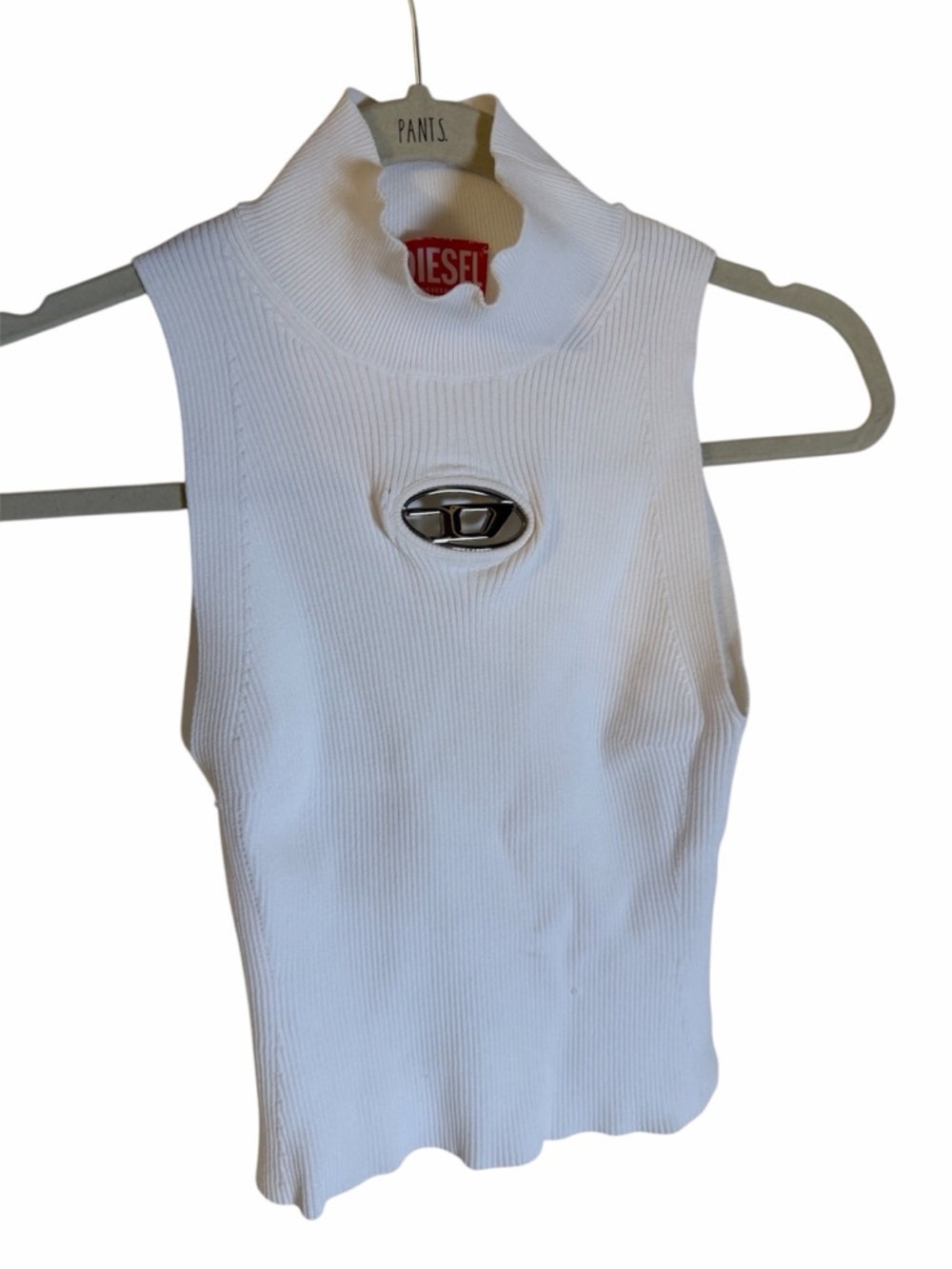 Diesel White Ribbed Mock Neck Tank with Silver Logo Accent